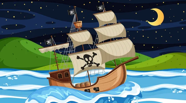 Ozean Mit Piratenschiff Bei Nächtlicher Szene Cartoon Stil — Stockvektor