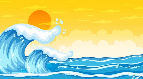 Beach landscape at sunset scene with ocean wave illustration