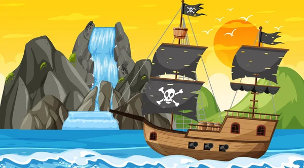 Océano Con Barco Pirata Atardecer Escena Ilustración Estilo Dibujos Animados — Vector de stock