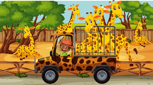 Scena Safari Con Molte Giraffe Una Gabbia Illustrazione Auto — Vettoriale Stock