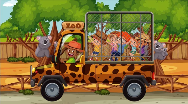 Zoo Escena Con Los Niños Coche Turístico Ilustración — Archivo Imágenes Vectoriales