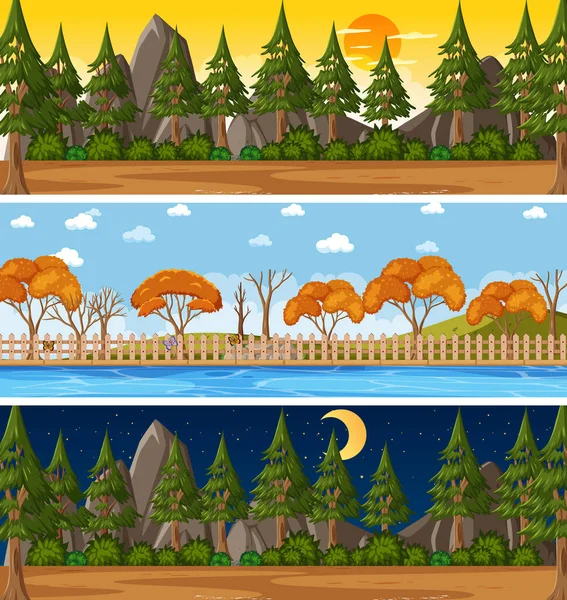 Série Trois Scènes Horizontales Nature Différente Illustration — Image vectorielle