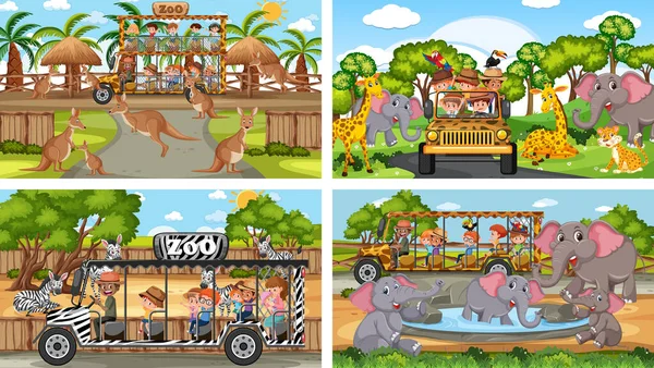 Quatre Scènes Zoo Différentes Avec Des Enfants Des Animaux Illustration — Image vectorielle