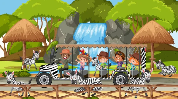 Safari Daytime Scene Kids Watching Zebra Group Illustration — ストックベクタ