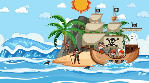 Praia Com Navio Pirata Cena Diurna Desenho Animado Ilustração Estilo — Vetor de Stock