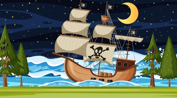 Gece Sahnesinde Korsan Gemisiyle Okyanus Karikatür Tarzı Illüstrasyon — Stok Vektör