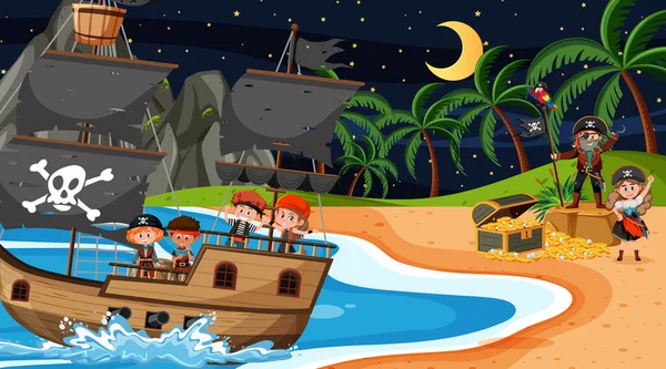 Scena Wyspie Skarbów Nocą Dziećmi Piratów Ilustracji Statku — Wektor stockowy