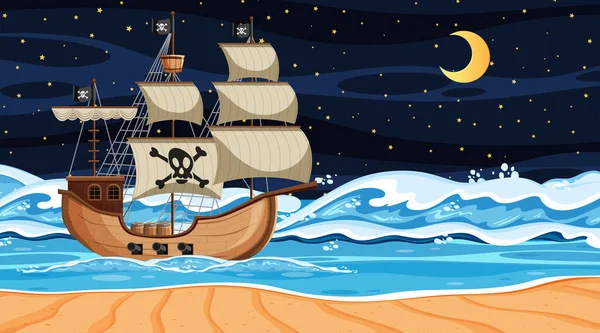 Strandszene Bei Nacht Mit Piratenschiff Cartoon Stil — Stockvektor