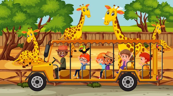 Escena Safari Con Muchas Jirafas Niños Ilustración Automóviles Turísticos — Archivo Imágenes Vectoriales