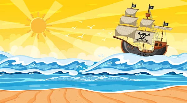 Escena Playa Atardecer Con Barco Pirata Ilustración Estilo Dibujos Animados — Archivo Imágenes Vectoriales