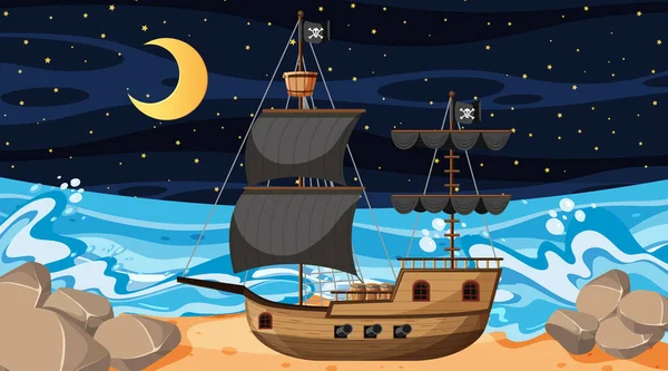 Ocean Pirate Ship Night Scene Cartoon Style Illustration - Stok Vektor