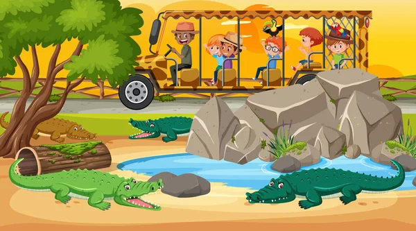 Safari Bij Zonsondergang Scène Met Kinderen Kijken Krokodil Groep Illustratie — Stockvector