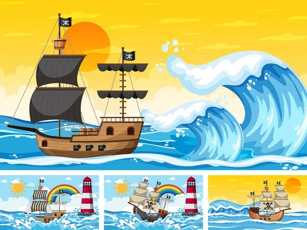 Set Ocean Pirate Ship Different Times Scenes Cartoon Style Illustration — Stock Vector