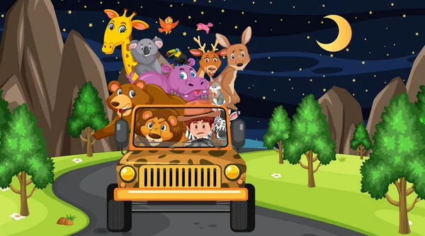 Concetto Zoo Con Gruppo Animali Selvatici Nella Jeep Auto Illustrazione — Vettoriale Stock