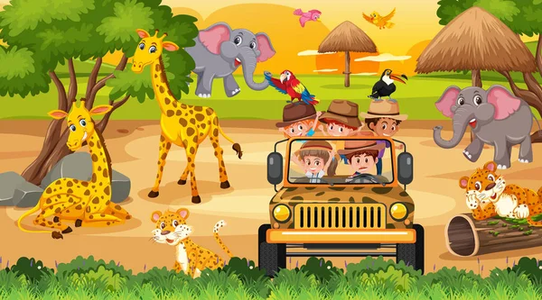 Safari Atardecer Con Muchos Niños Viendo Ilustraciones Animales — Archivo Imágenes Vectoriales