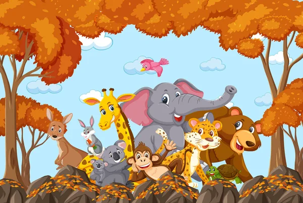 Wild Animals Group Autumn Forest Scene Illustration — ストックベクタ