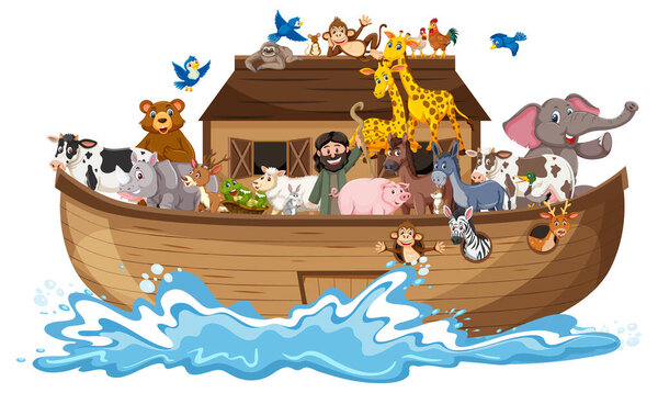 Animals on Noah's ark with sea wave isolated on white background illustration