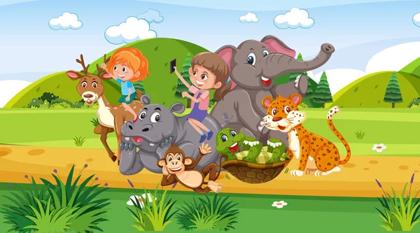 Scena Dello Zoo Con Molti Bambini Che Giocano Con Illustrazione — Vettoriale Stock