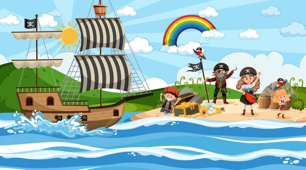 Treasure Island Scene Daytime Pirate Kids Illustration — Stock Vector