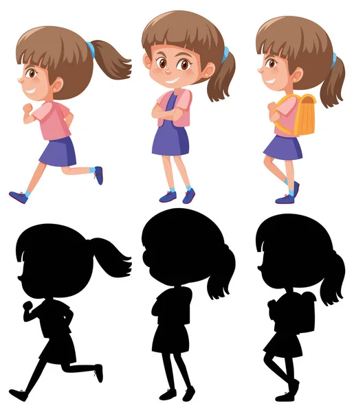 Conjunto Personaje Dibujos Animados Chica Diferentes Posiciones Con Silueta Ilustración — Vector de stock