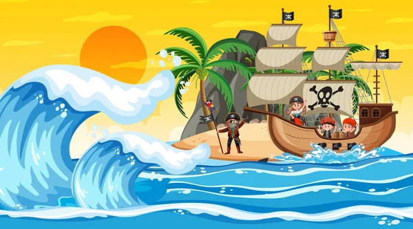 Océano Con Barco Pirata Escena Del Atardecer Ilustración Estilo Dibujos — Archivo Imágenes Vectoriales