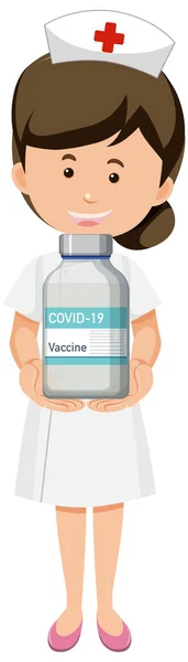 Cartoon Karakter Van Een Verpleegster Met Een Covid Vaccin Fles — Stockvector