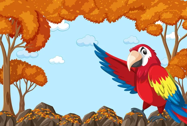 Papagaio Pássaro Personagem Cartoon Branco Outono Floresta Cena Ilustração —  Vetores de Stock