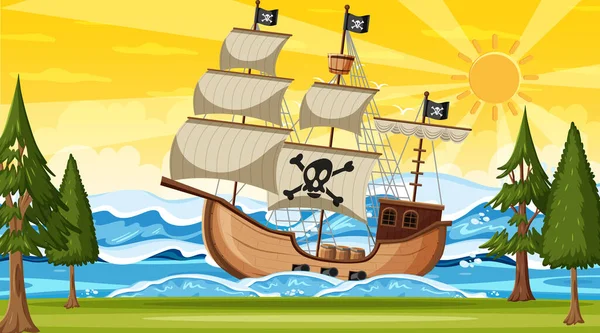Océano Con Barco Pirata Atardecer Escena Ilustración Estilo Dibujos Animados — Archivo Imágenes Vectoriales