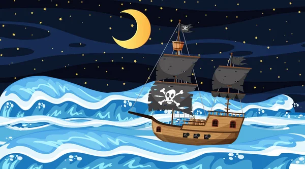 Ocean Pirate Ship Night Scene Cartoon Style Illustration — Stock Vector