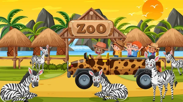 Safari Coucher Soleil Scène Avec Des Enfants Regardant Zèbre Illustration — Image vectorielle