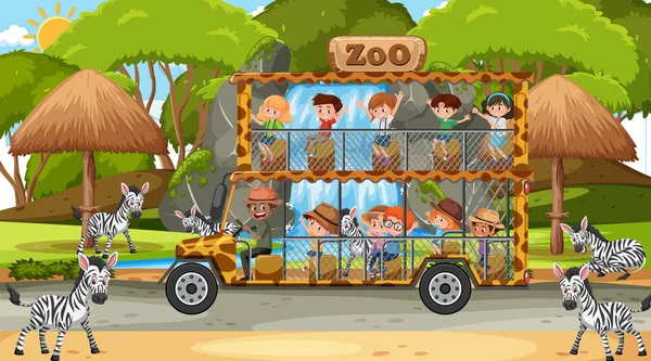 Safari Overdag Scene Met Kinderen Kijken Zebra Groep Illustratie — Stockvector