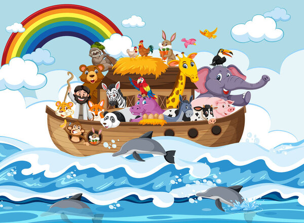 Noah's Ark with animals in the ocean scene illustration