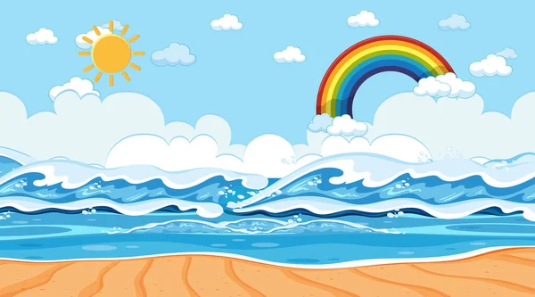 Paesaggio Sulla Spiaggia Durante Giorno Scena Con Arcobaleno Nel Cielo — Vettoriale Stock