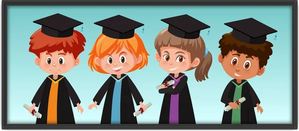Muitas Crianças Traje Graduação Ilustração Moldura Foto — Vetor de Stock