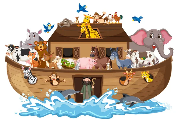 诺亚方舟与动物在海浪上分离的白色背景图解 — 图库矢量图片