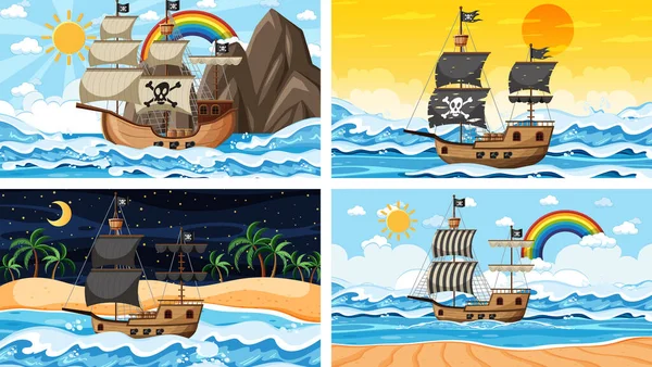 Conjunto Escenas Oceánicas Diferentes Momentos Con Barco Pirata Ilustración Estilo — Archivo Imágenes Vectoriales