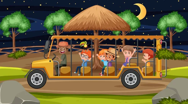 Safari Night Scene Many Kids Tourist Car Illustration — ストックベクタ