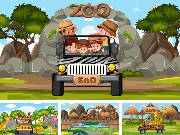 Quatre Scènes Zoo Différentes Avec Des Enfants Des Animaux Illustration — Image vectorielle