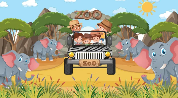 Safari Escena Del Día Con Muchos Niños Viendo Ilustración Del — Archivo Imágenes Vectoriales