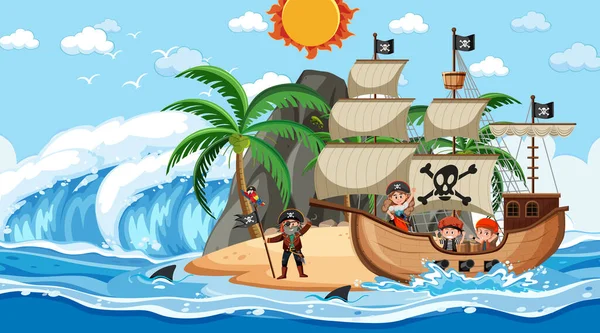 Beach Pirate Ship Daytime Scene Cartoon Style Illustration - Stok Vektor