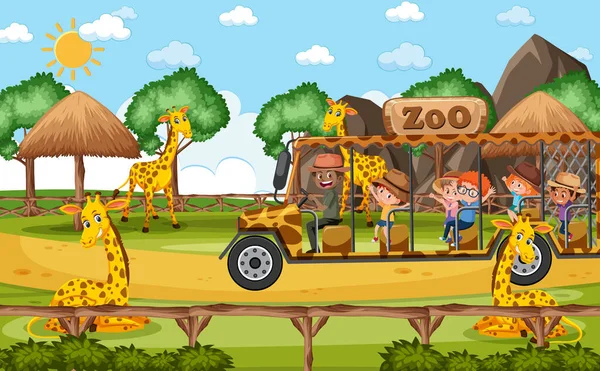 Crianças Carro Turístico Assistindo Grupo Girafa Cena Zoológico Ilustração —  Vetores de Stock