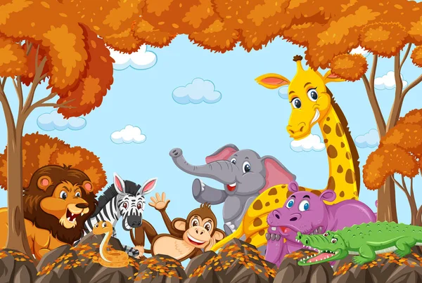 Wilde Dieren Groep Herfst Bos Scene Illustratie — Stockvector