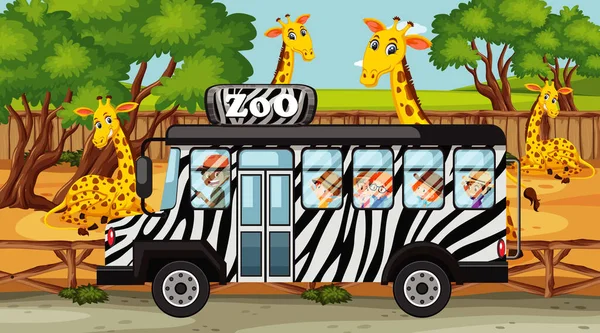 Escena Safari Con Muchas Jirafas Niños Ilustración Del Autobús Turístico — Archivo Imágenes Vectoriales