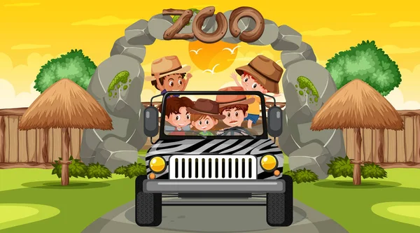 Zoológico Atardecer Escena Del Tiempo Con Muchos Niños Coche Jeep — Vector de stock