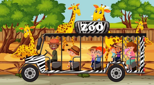 Scène Safari Avec Nombreuses Girafes Enfants Sur Illustration Voiture Tourisme — Image vectorielle