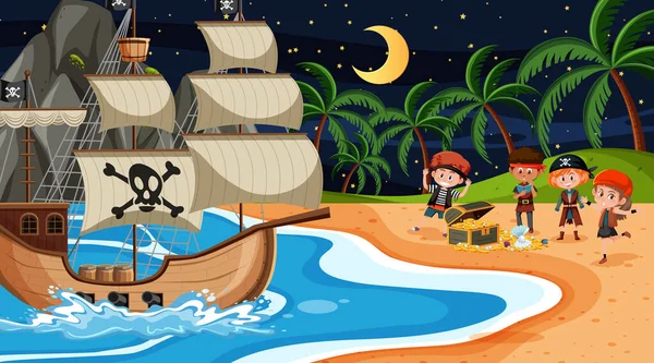 Cena Praia Noite Com Crianças Piratas Ilustração Treasure Island — Vetor de Stock