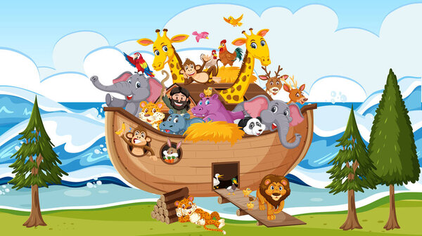 Animals on Noah's ark floating in the ocean scene illustration