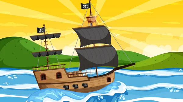 Oceano Com Navio Pirata Pôr Sol Cena Estilo Cartoon Ilustração — Vetor de Stock