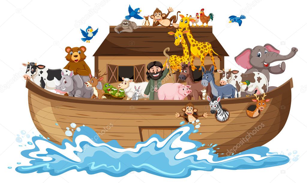 Animals on Noah's ark with sea wave isolated on white background illustration