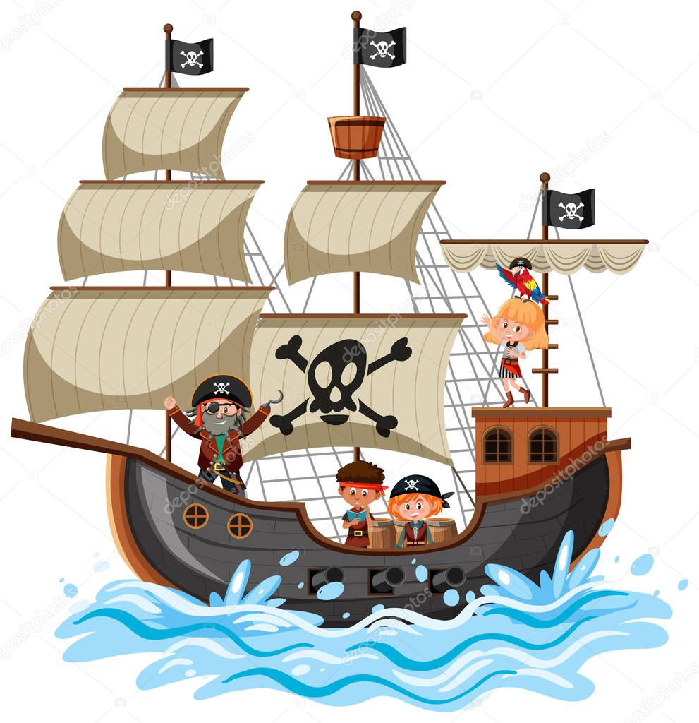 Pirate ship on ocean wave with many kids isolated on white background illustration